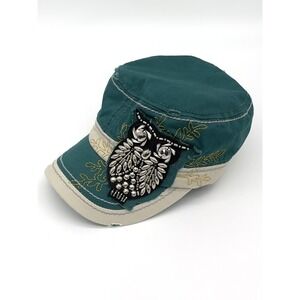 Y2K SS Cadet Cap Womens OS Teal Cotton Distressed Beaded Owl Indie McBling Retro